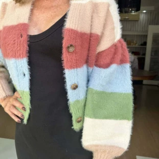 CARDIGAN  CURTO TRICOT PELINHO FARM  LISTRADO DE MANGA LONGA 