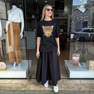 TSHIRT MEDIA ONCA ESMERALDA PRETA FARM